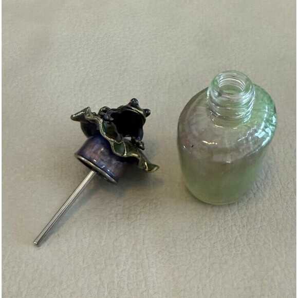 Perfume Bottle Frosted Emerald Glass Jeweled Frog Enameled Lily Pad - Picture 2 of 6